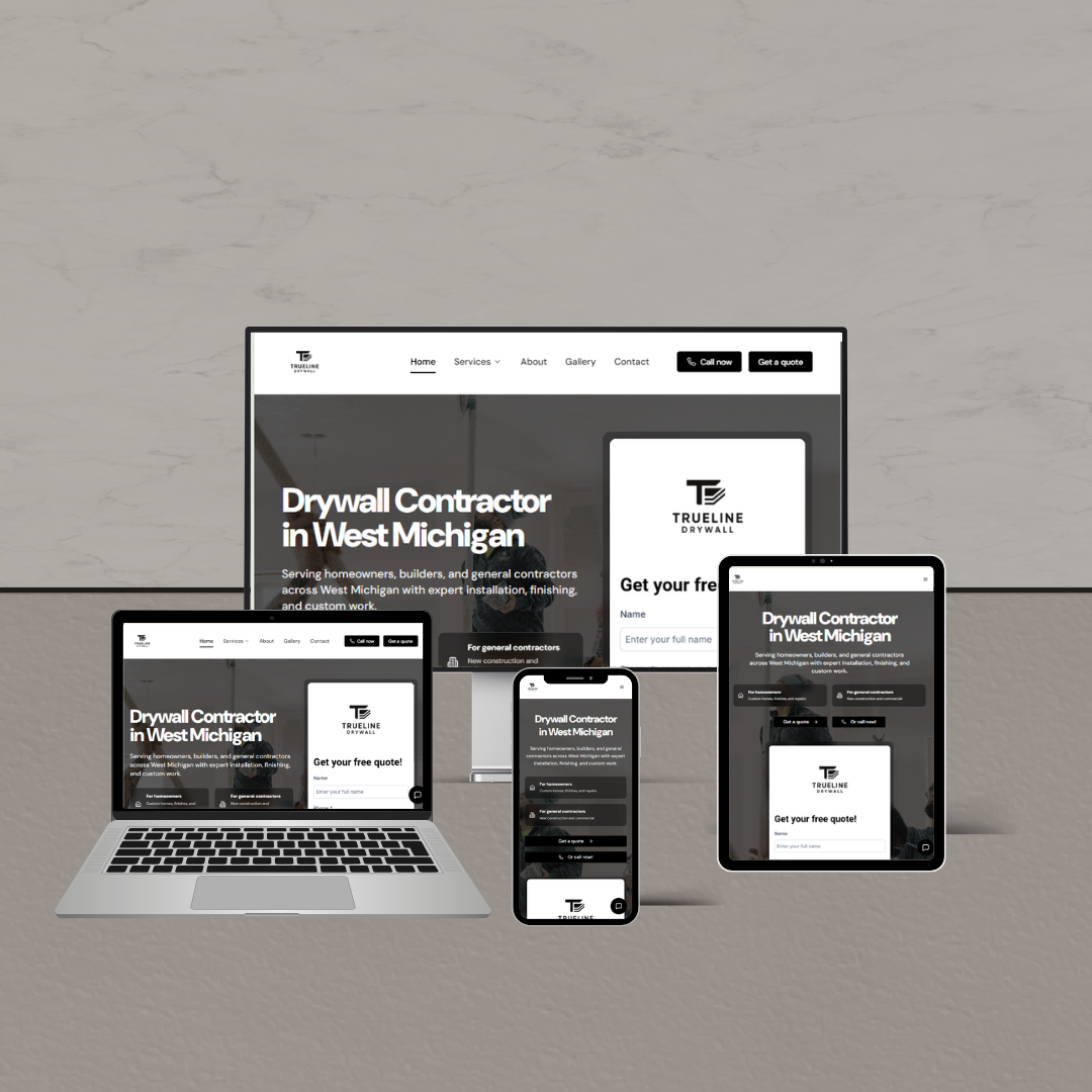 TrueLine Drywall website shown on desktop, laptop, tablet and phone